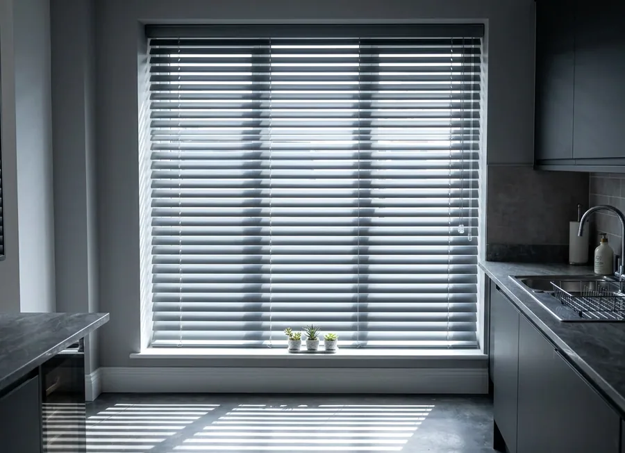 Aluminium venetian blind with crisp horizontal slats in a Fourways kitchen
