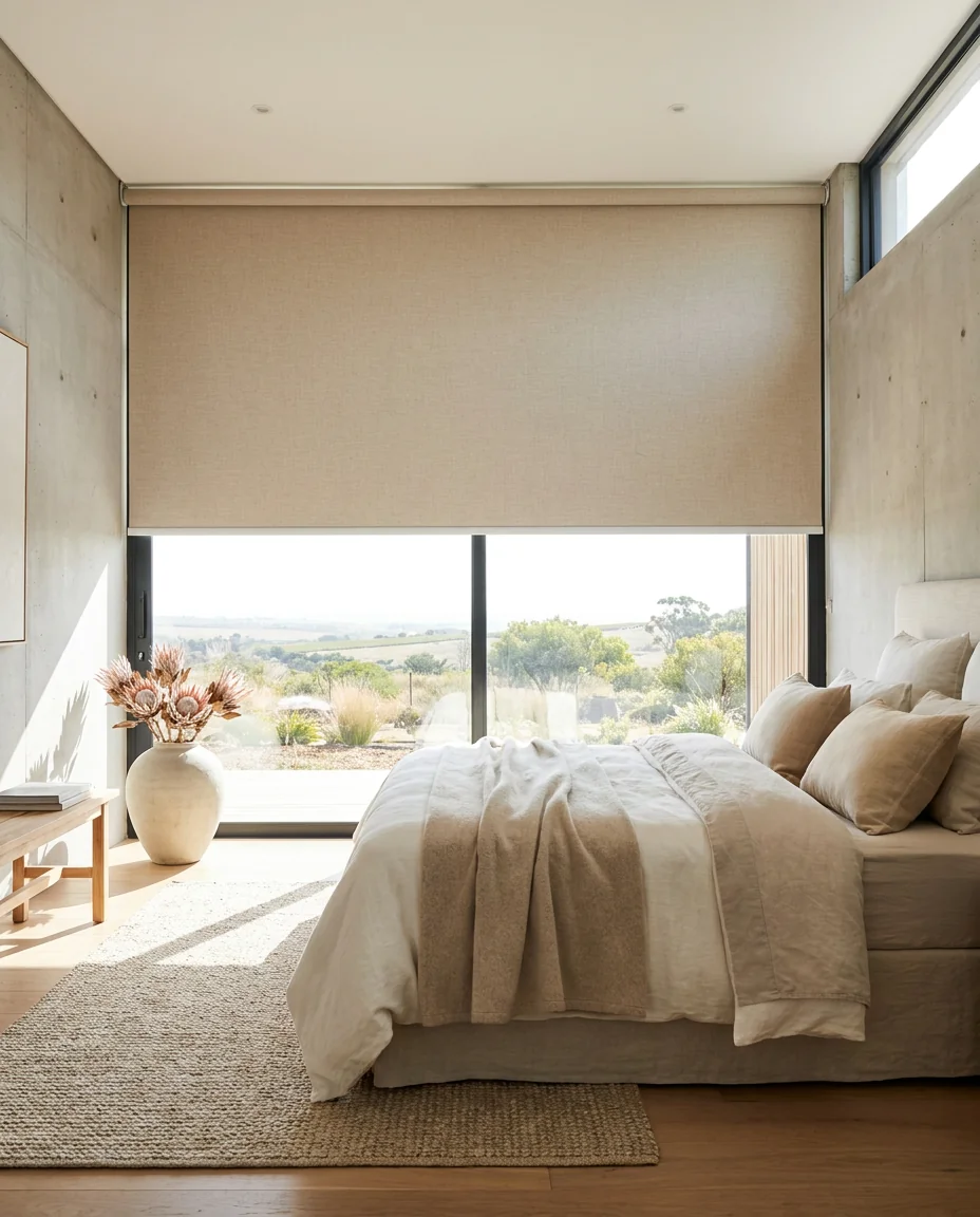 Bedroom fitted with blockout blinds, representative of new-build homes across the greater Fourways area including Broadacres and Cedar Lakes