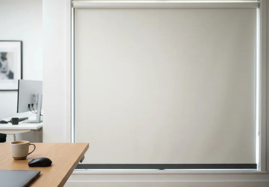 Blockout roller blind lowered flat over a home office window in a Fourways home