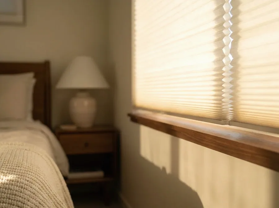 Cellular honeycomb blind glowing warmly across a Fourways bedroom window