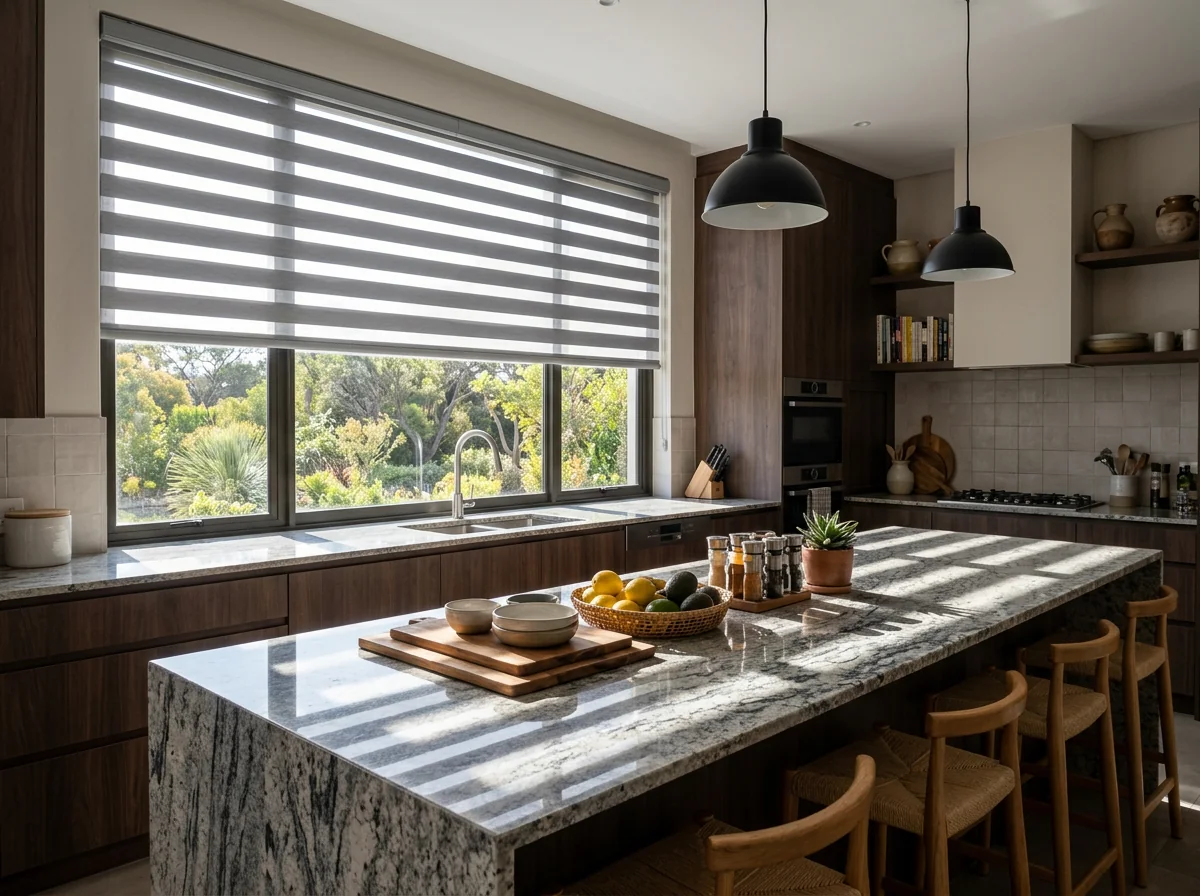 Day-night zebra blind with alternating sheer and solid bands over a kitchen island window in a Fourways home