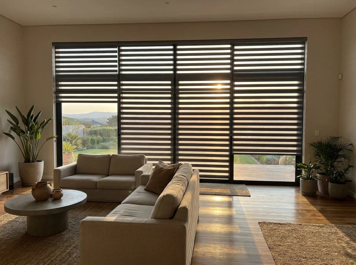 Day-night zebra blind on a single roller filtering soft light across a Fourways lounge