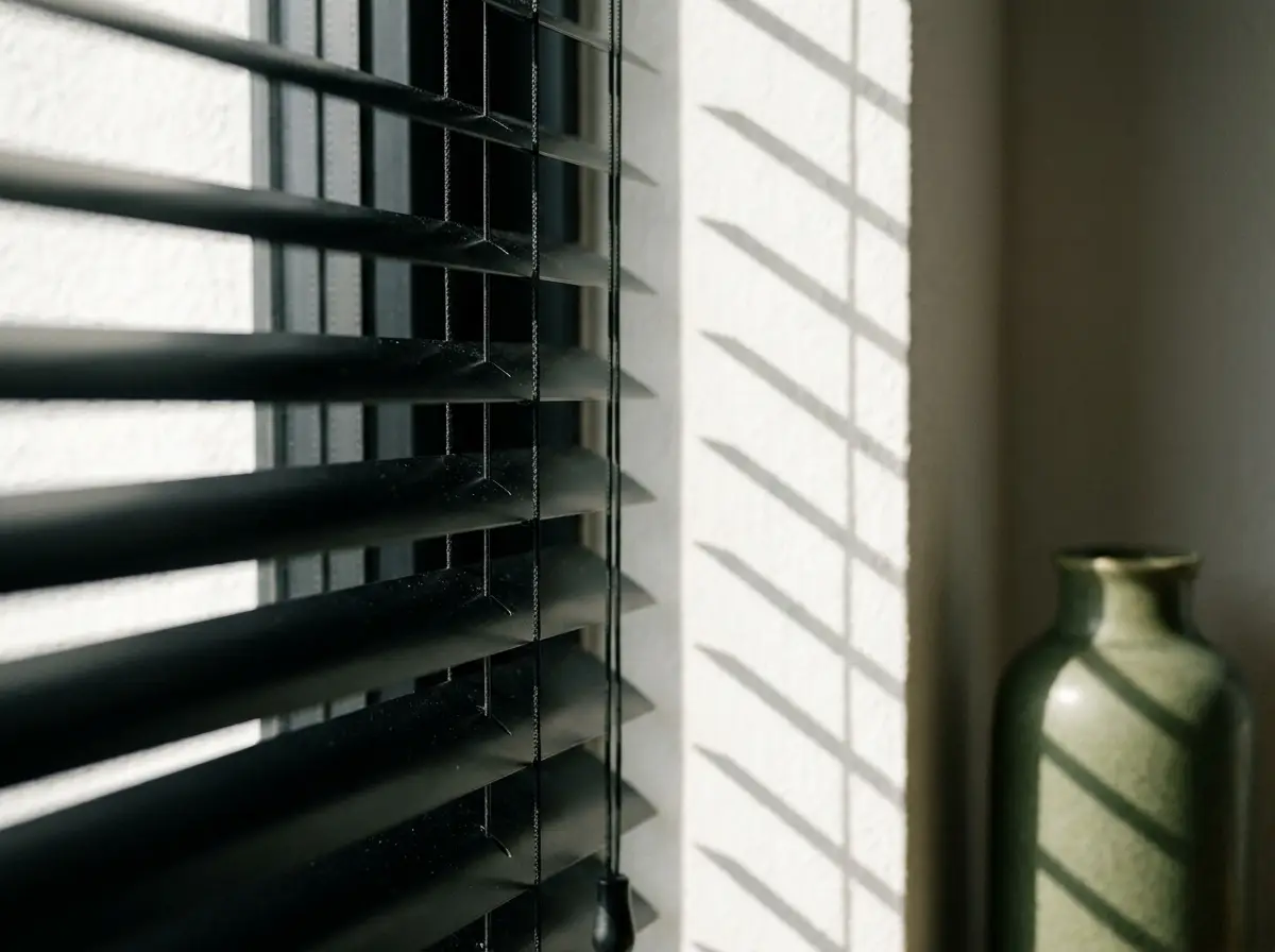 Close-up of dark venetian slats and tilt cord catching the afternoon light