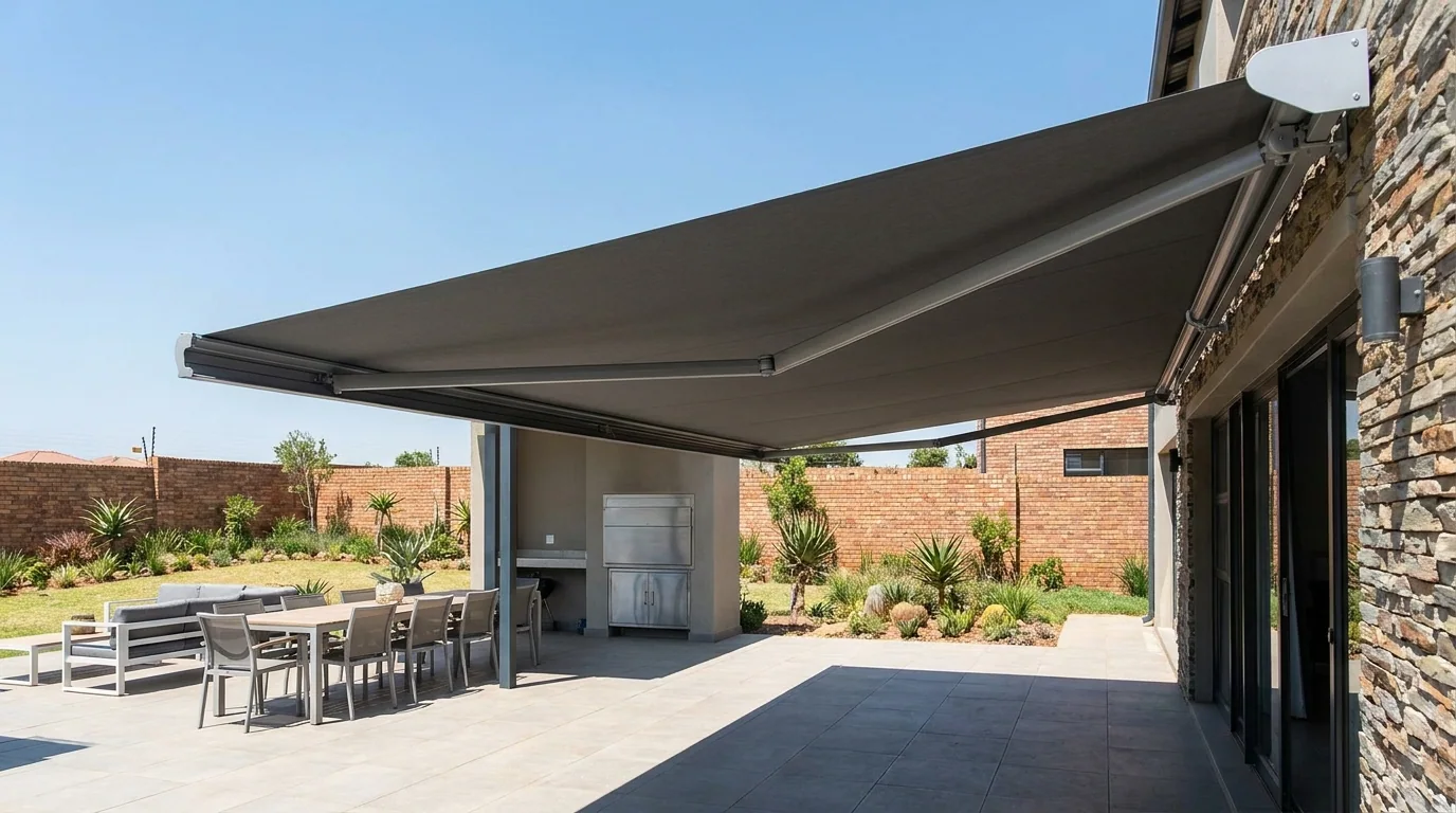 Folding-arm awning extended from the wall over a paved braai patio, taut fabric on folding aluminium arms with no posts touching the ground