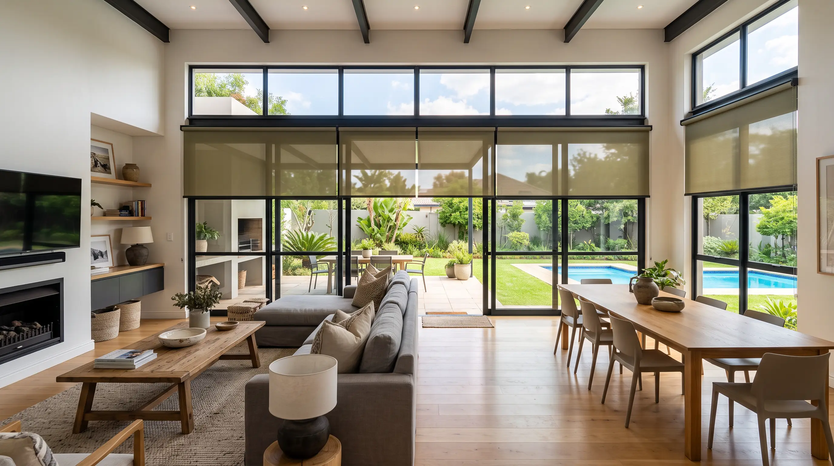 Family living room in Fourways with motorised blinds framing a view of the garden and entertainment patio