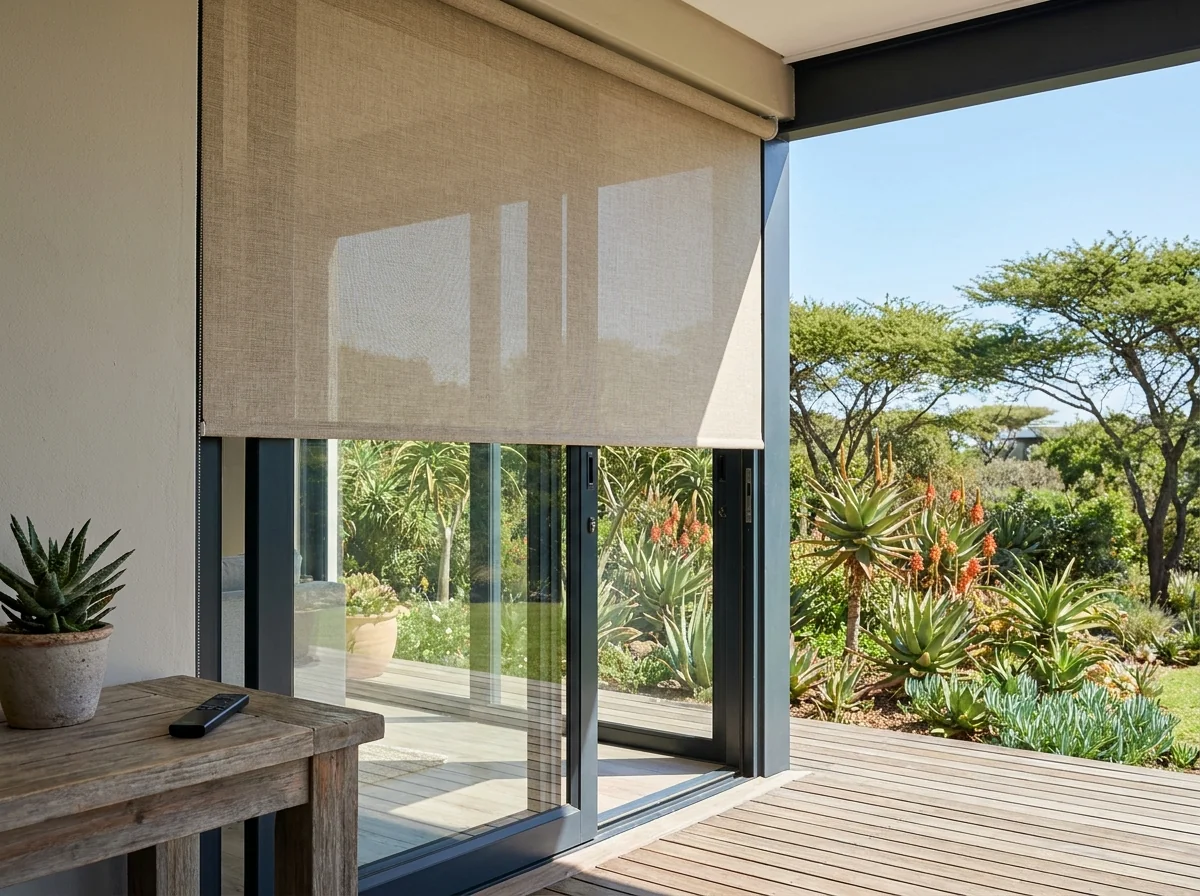 Motorised roller blind lowered over sliding patio doors with its remote control nearby in a Fourways home