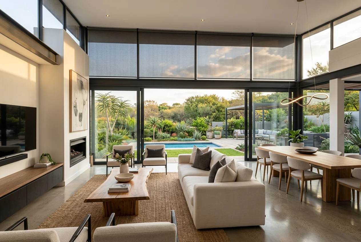 Living room fitted with motorised blinds, representative of homes across the greater Fourways area including Lonehill