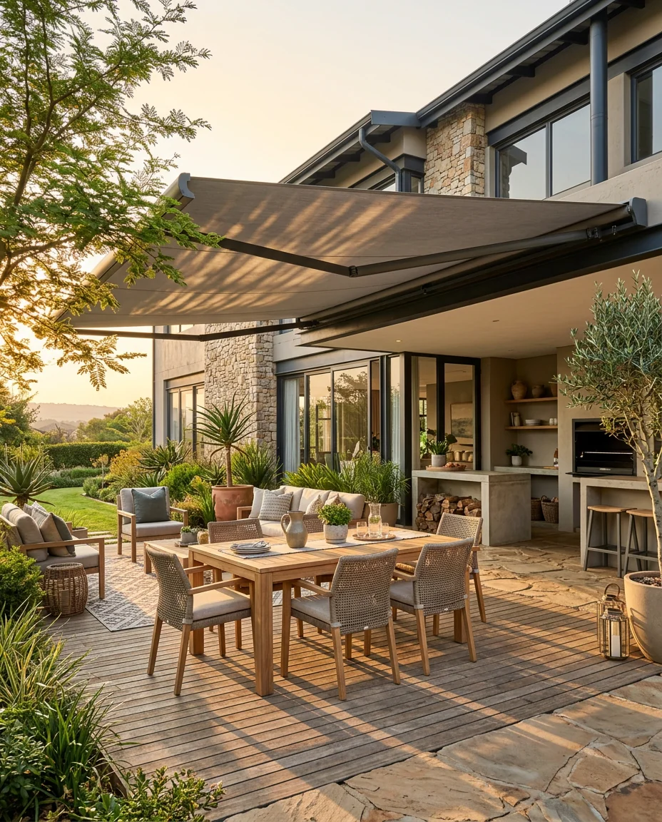 Outdoor patio and braai entertainment area in Fourways with a retractable awning