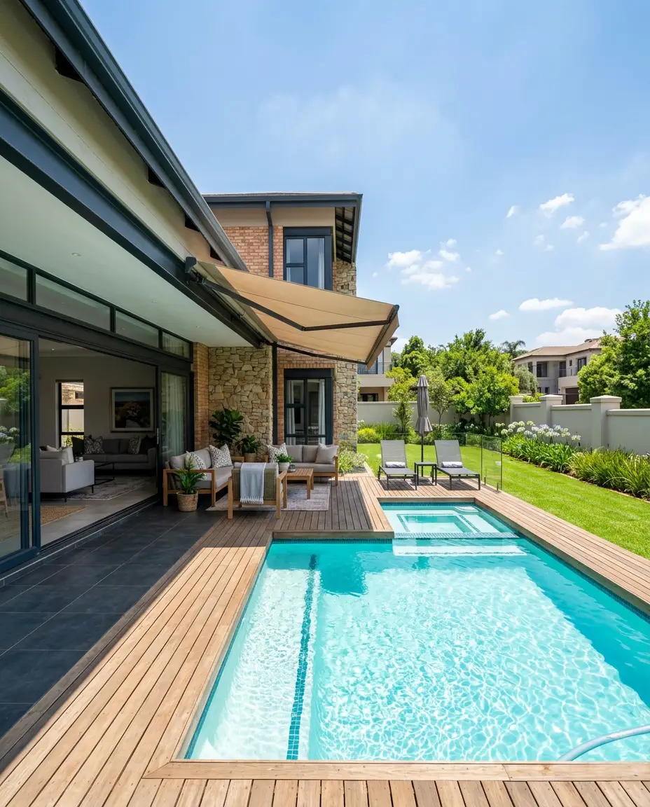 New-build estate home patio and pool deck in Fourways Gardens with a folding-arm awning extended over the outdoor lounge area