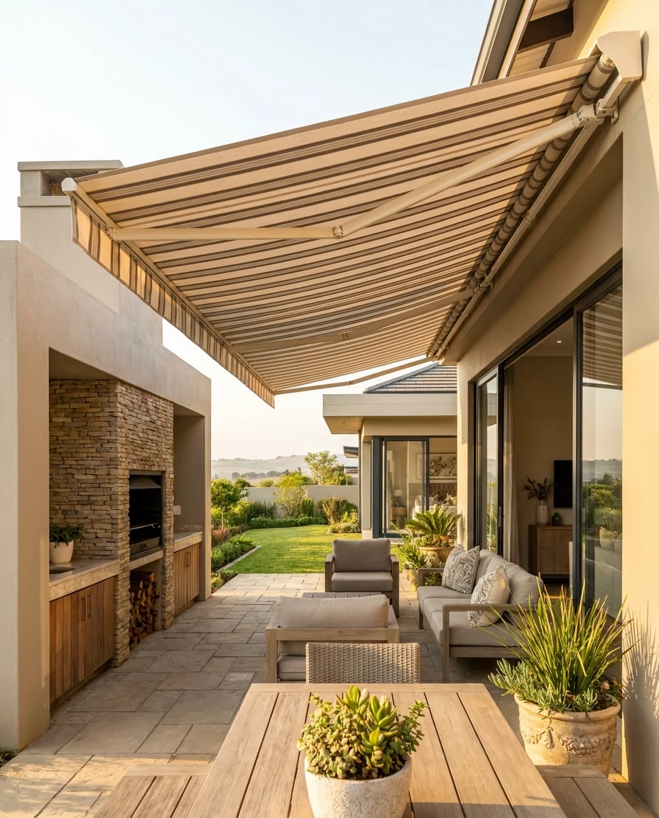 Outdoor patio and entertainment area with a retractable awning, representative of new-build homes across the greater Fourways area including Helderfontein Estate