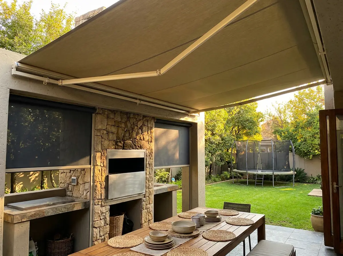 Outdoor patio and braai entertainment area in Fourways with a retractable awning