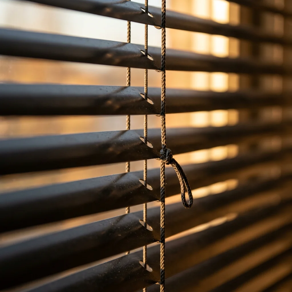 Close-up of dark venetian slats and tilt cord, representative of the finishes specified across Dainfern and the wider Fourways area