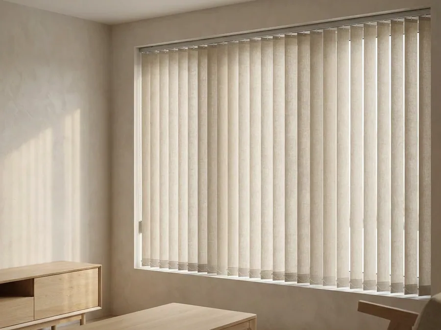 Vertical blind vanes hanging across a wide Fourways living-room window